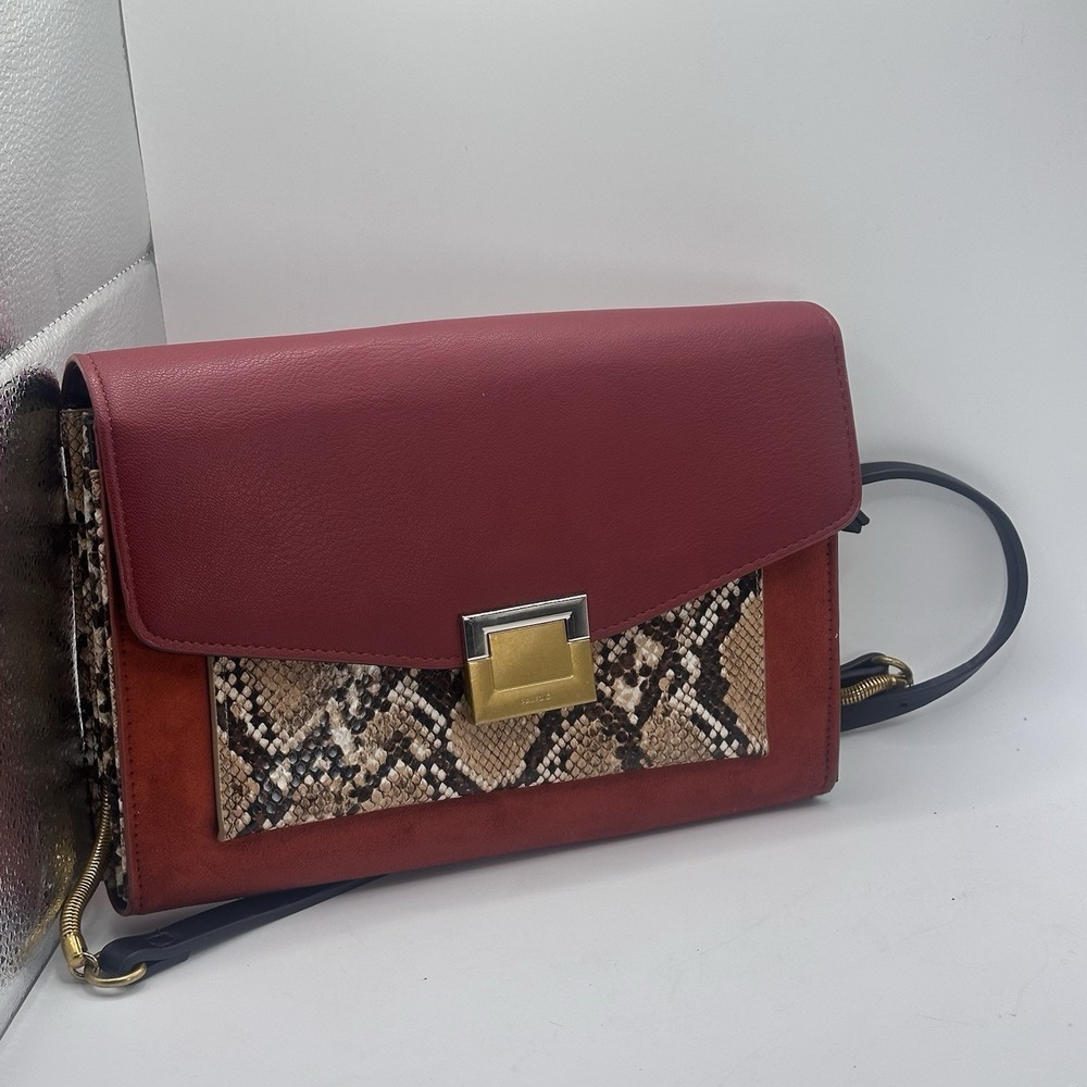 PARFOIS Crossbody Bag Red Suede Red Leather Snake Print Gold Hardware‎ Mob Wife